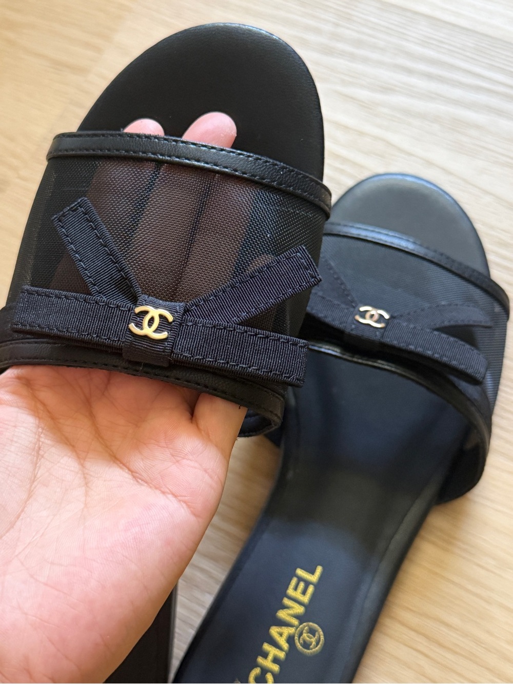CHANEL Black Mesh Ribbon Slide Sandals with Gold CC
